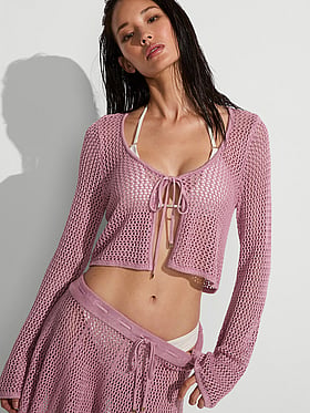 Beachwear Crochet Tie-Front Long-Sleeve Top