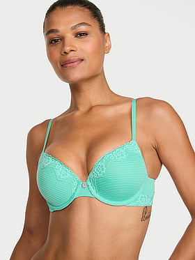Perfect Shape Cotton Shadow Stripe Lace-Trim Push-Up Bra