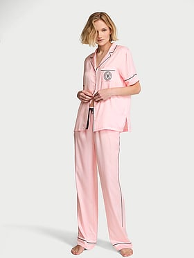 Signature Satin Short-Sleeve Long Pajama Set