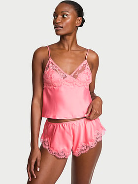 Satin Lace-Trim Cami & Flutter Shorts Set