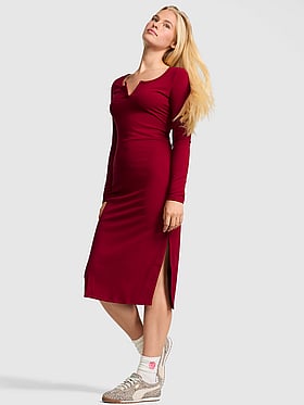 All-Day Soft Rib Long-Sleeve Midi Dress