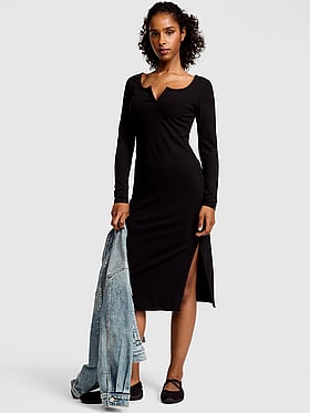 All-Day Soft Rib Long-Sleeve Midi Dress