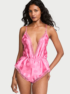 Tease Dot Satin Lace-Trim Flutter Romper
