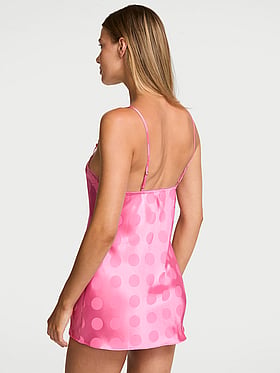 Tease Dot Satin Lace-Trim Mini Slip Dress
