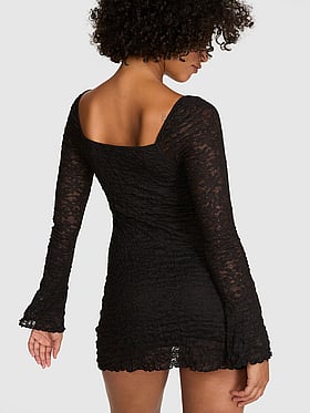 Lace Square-Neck Long-Sleeve Mini Dress