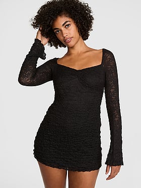 Lace Square-Neck Long-Sleeve Mini Dress