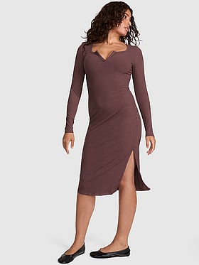 All-Day Soft Rib Long-Sleeve Midi Dress