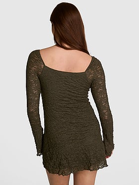 Lace Square-Neck Long-Sleeve Mini Dress