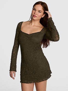 Lace Square-Neck Long-Sleeve Mini Dress