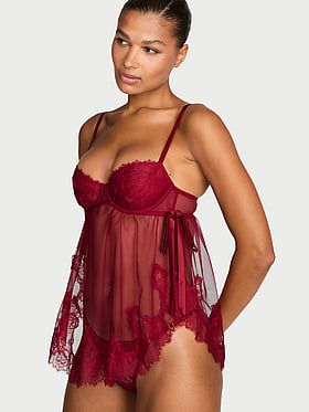 Wicked Sheer Unlined Lace-Trim Babydoll Set