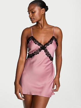 Satin Rose Lace-Trim Mini Slip Dress