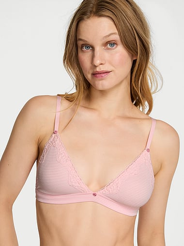 The T-shirt - Cotton Shadow Stripe Unlined Triangle Bralette in Lace Trim, image 1