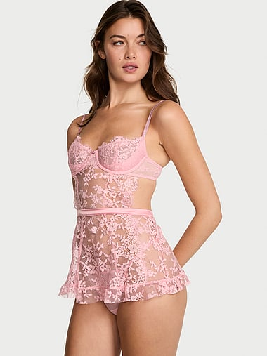 Women's Fashion Lenceria Pink Victoria Secret Victorias Secret Very  Sexy Lace Hearts Shine Strap Push-Up Bra Thong Set Fuchsia