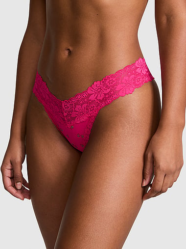 PINK - PINK Wink™ Lace-Trim Cotton Thong Panty, image 1