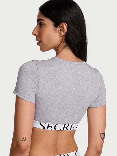 The T-shirt - Cotton Short-Sleeve Bralette Crop Top in Smooth, image 2
