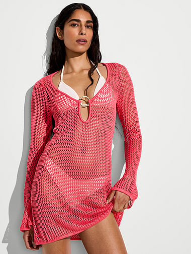 Платье-мини Beachwear, длинный рукав, вязка крючком — Victoria's Secret