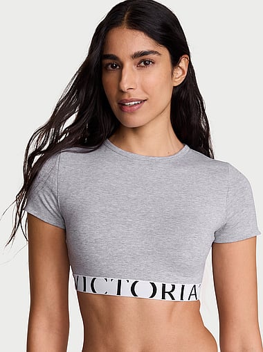 The T-shirt - Cotton Short-Sleeve Bralette Crop Top in Smooth, image 1