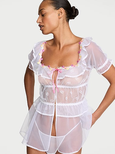 Комплект белья, короткий рукав, вышивка, тюль, с бабочками — Victoria's Secret
