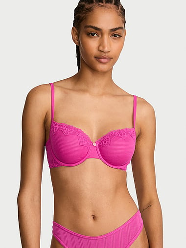 The T-shirt - Cotton Shadow Stripe Unlined Demi Bra in Lace Trim, image 1