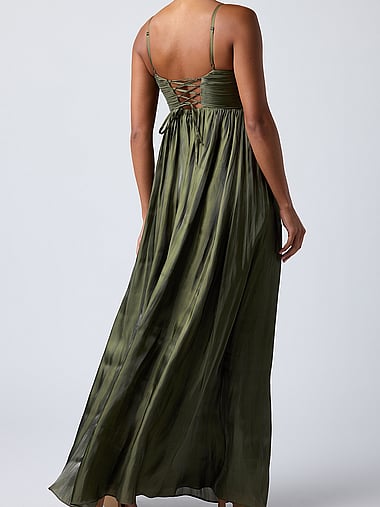 victoria secret green dress Victoria's Lace Emerald Paisley Silk Slip Relaxed fit Sleeveless Racerback Side slits Hits at mid Green Victorias Secret Slip Dress