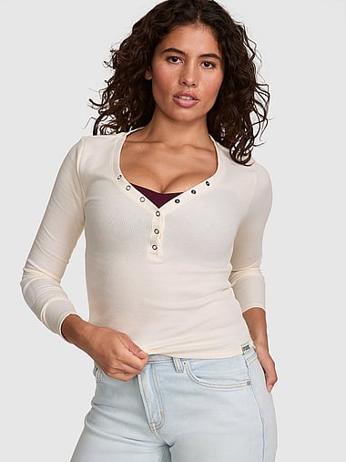 PINK - Waﬄe Snap Long-Sleeve Henley Top, image 1