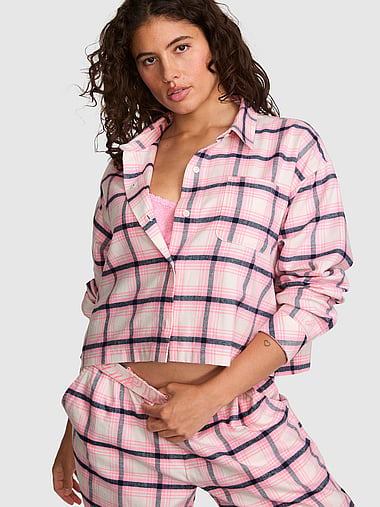 PINK - 100% Cotton Favorite Flannel Cropped Button-Down Sleepshirt, image 1