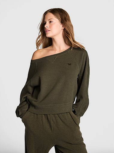 PINK - Wondersoft Waﬄe-Knit Oﬀ-The-Shoulder Sweatshirt, image 1