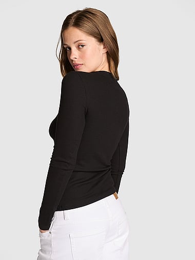 PINK - Waﬄe Snap Long-Sleeve Henley Top, image 2