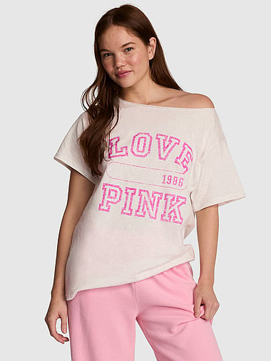 PINK - Campus Cotton™ Off-The-Shoulder Tee, image 1