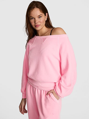 PINK - Wondersoft Waﬄe-Knit Oﬀ-The-Shoulder Sweatshirt, image 1