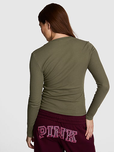 PINK - Waﬄe Snap Long-Sleeve Henley Top, image 2
