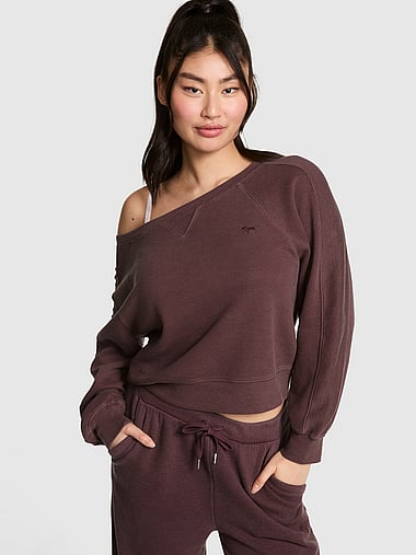 PINK - Wondersoft Waﬄe-Knit Oﬀ-The-Shoulder Sweatshirt, image 1
