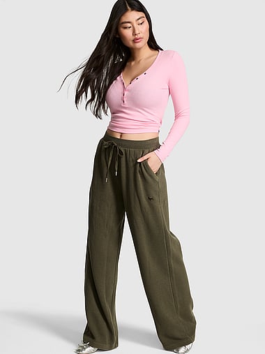 PINK - Wondersoft Waﬄe-Knit Wide-Leg Pants, image 1