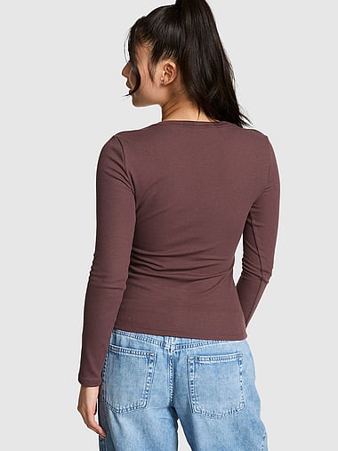 PINK - Waﬄe Snap Long-Sleeve Henley Top, image 2