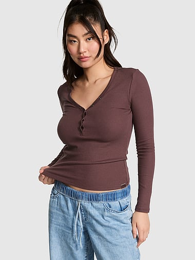 PINK - Waﬄe Snap Long-Sleeve Henley Top, image 1