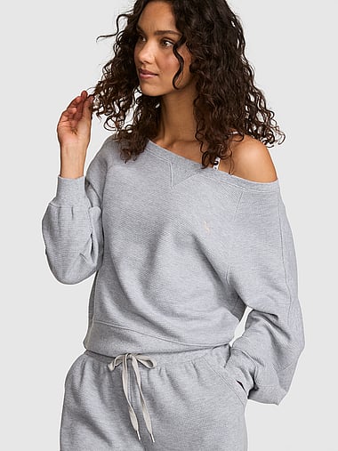 PINK - Wondersoft Waﬄe-Knit Oﬀ-The-Shoulder Sweatshirt, image 1
