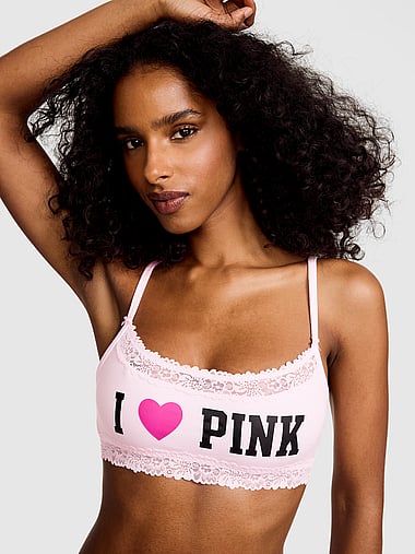 PINK - Cotton Unlined Lace-Trim Scoop Bralette in Cotton, image 1
