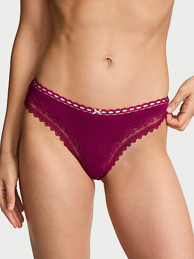 Lace Trim - Cotton Bow Lace-Trim Thong Panty, image 1