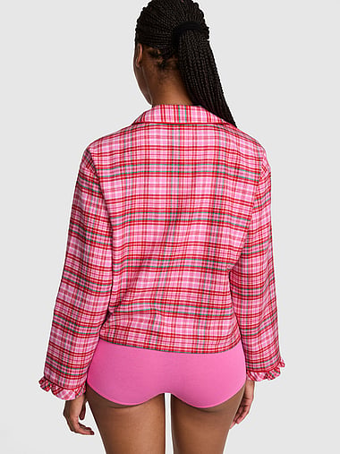 PINK - Cotton Favorite Flannel Button-Down Ruffle Sleepshirt, image 2