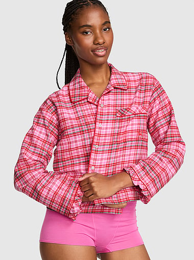 PINK - Cotton Favorite Flannel Button-Down Ruffle Sleepshirt, image 1