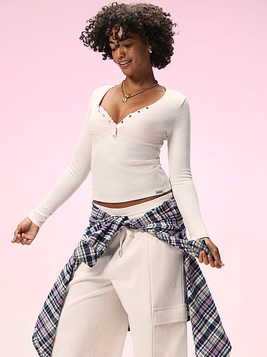 PINK - Waﬄe Snap Long-Sleeve Henley Top, image 2