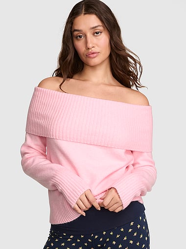 PINK - Comfy Girl Off-The-Shoulder Foldover Sweater, image 1
