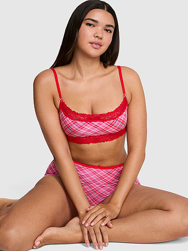 PINK - Cotton Unlined Lace-Trim Scoop Bralette, image 1