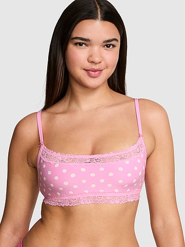 PINK - Cotton Unlined Lace-Trim Scoop Bralette in Cotton, image 1