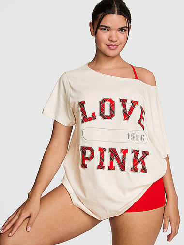 PINK - Campus Cotton™ Off-The-Shoulder Tee, image 1