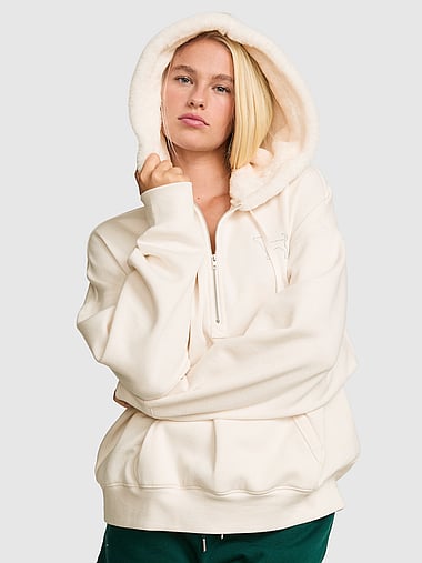 PINK - Campus Fleece™ Half-Zip Hoodie in Faux Fur-Lined Hood, image 2