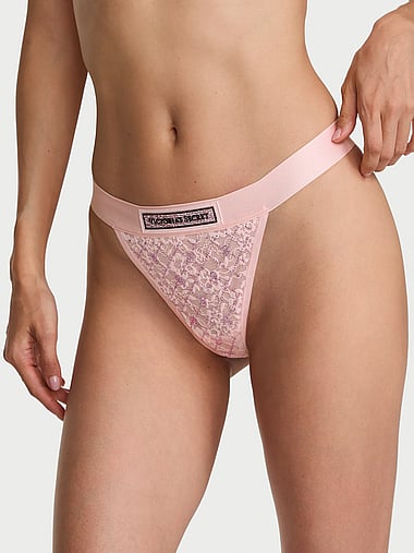 Cotton - Lace Shine Logo V-String Panty in All Over Shine, image 1