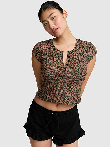 PINK - Waﬄe-Knit Henley Tee, image 1