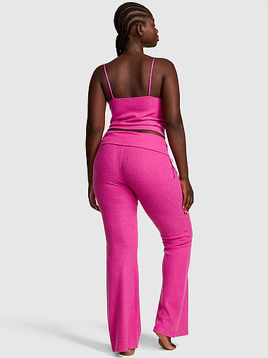PINK - Waﬄe Knit Cami & Foldover Flare Pants Set, image 2