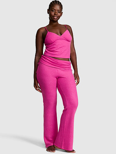 PINK - Waﬄe Knit Cami & Foldover Flare Pants Set, image 1